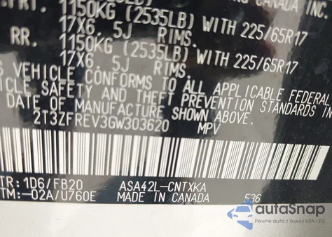 2016 Toyota Rav4 Le from USA, damaged, VIN 2T3ZFREV3GW303620